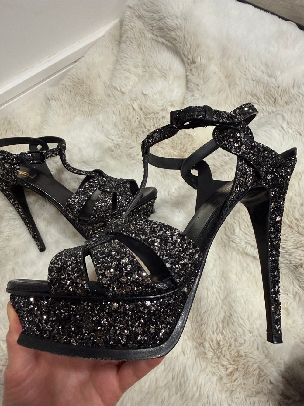 Saint Laurent Black Glitter Strappy T-Bar Heels - Picture 4 of 5